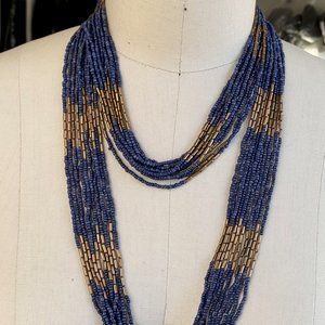 Long Multi-strand Necklace with Blue and Gold Beads